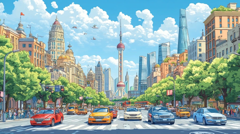 繁华都市街景车水马龙的城市景象