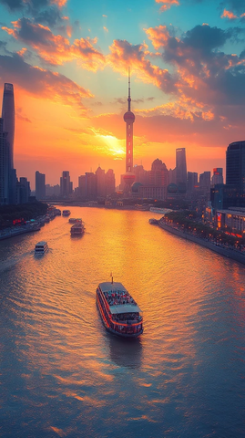 黄浦江畔东方明珠的黄昏江景