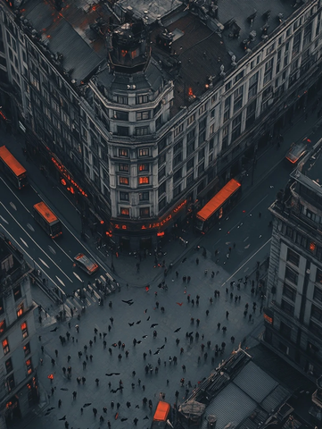 俯瞰城市建筑下的人群景象