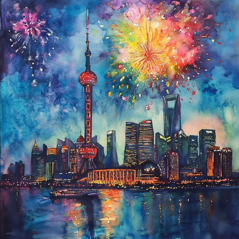 东方明珠旁的城市夜景及绚烂烟花