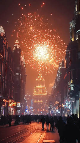 城市街道烟花绽放人群密集夜景