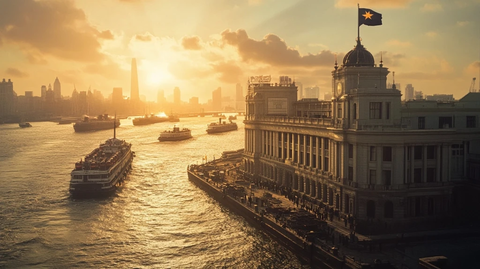 江边历史建筑与往来船只的黄昏景象