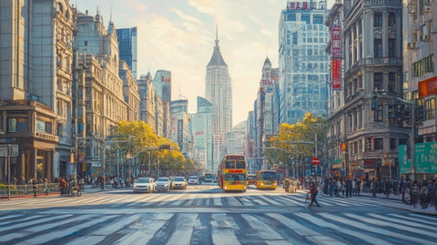 城市街道景象车水马龙行人众多