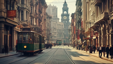 复古街道中行驶着有轨电车的城市景象