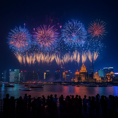 城市夜景下人群观赏绚丽烟花秀
