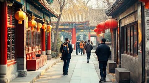 古色古香的中式街道上行人往来的景象