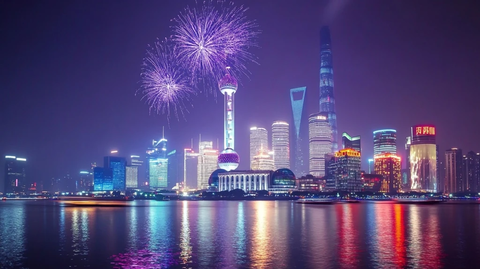 上海外滩夜景烟花与摩天大楼交相辉映