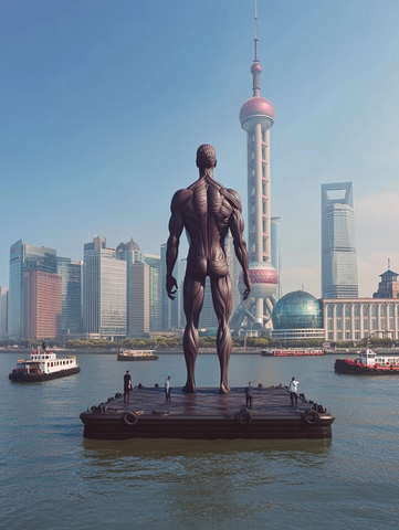 黄浦江畔东方明珠前的肌肉男雕像