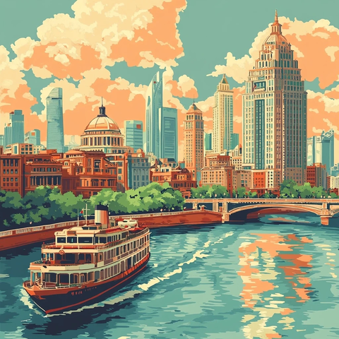 游船行驶于现代化大都市的河流上