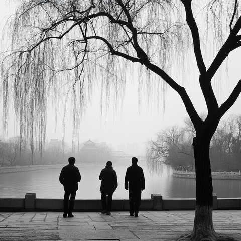 三人站在水边赏景的黑白照片