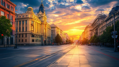夕阳下的欧式建筑街道全景