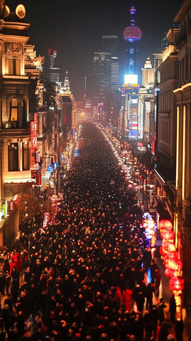 繁华城市街道人潮涌动夜景