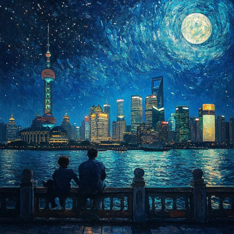 两人赏上海外滩夜景摩天大楼灯火璀璨