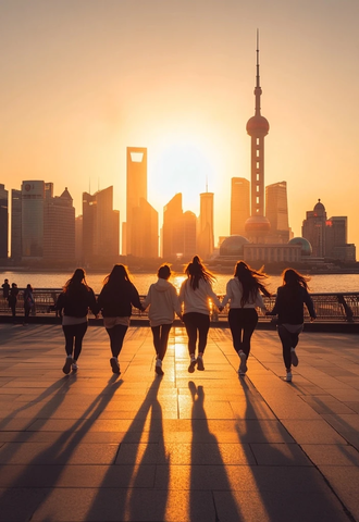 上海外滩女生牵手奔跑的夕阳剪影