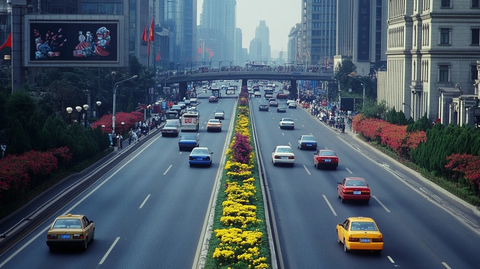 城市主干道上车辆川流不息的繁忙景象