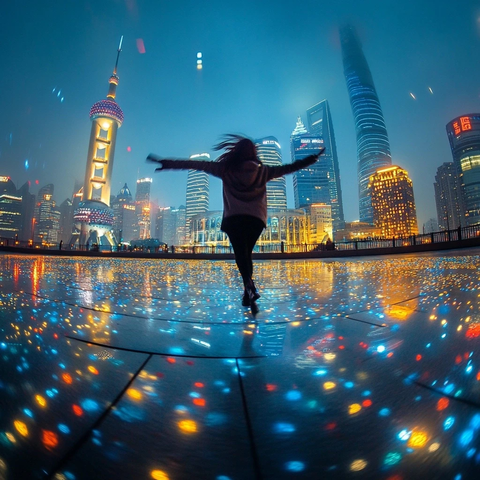 女子在城市夜景中伸展身体的画面