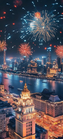 城市夜景中的璀璨烟花与特色建筑