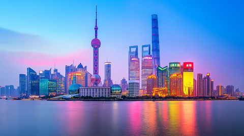 上海外滩金融区摩天大楼夜景全景