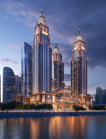 城市滨水地带的摩天大楼夜景