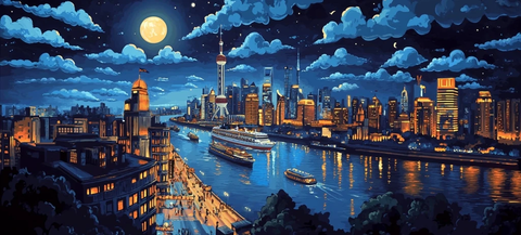 月夜下灯火辉煌的都市河流夜景