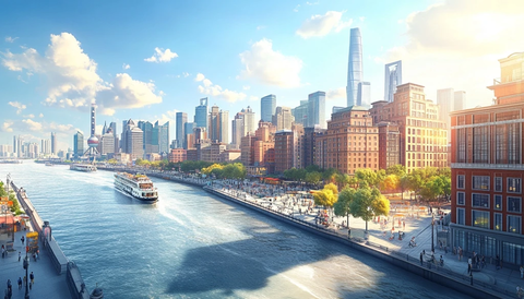 现代都市河畔风景与繁华建筑的融合
