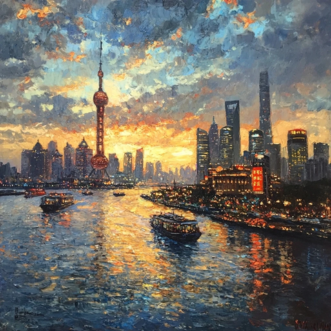 黄浦江畔东方明珠夜景城市风光