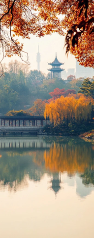 湖畔古亭秋景倒影