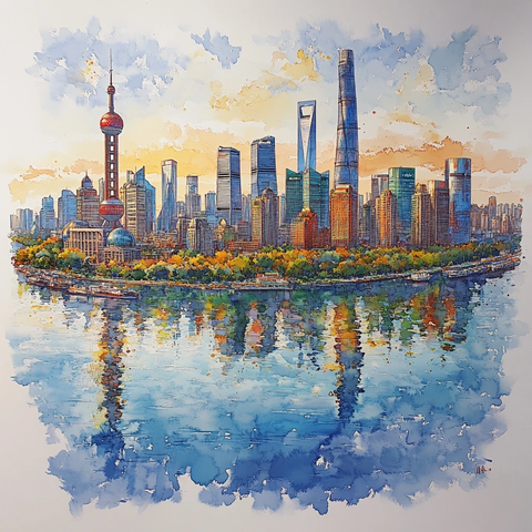 水彩绘上海陆家嘴天际线及黄浦江景