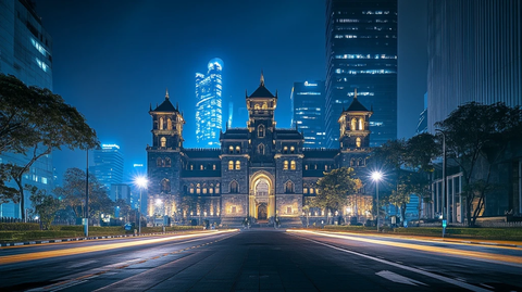 夜景下的欧式城堡建筑与高楼大厦相映