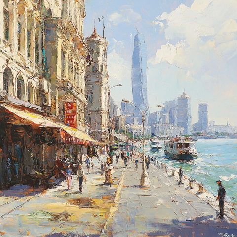 城市海滨步道人群活动景象