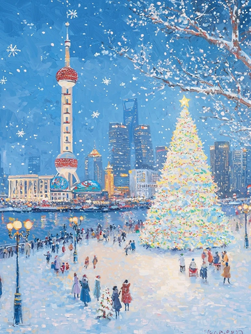 东方明珠塔下热闹的雪中圣诞夜景