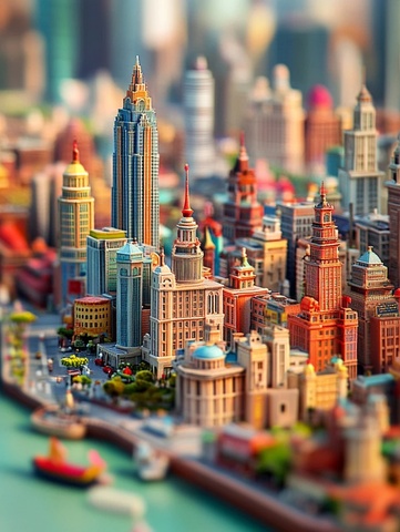微缩城市模型多样建筑展现都市风貌