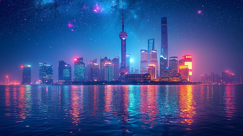 都市夜景星空下的城市灯光倒映水面景象