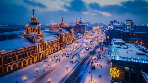 雪后城市夜景灯火辉煌的街道全景