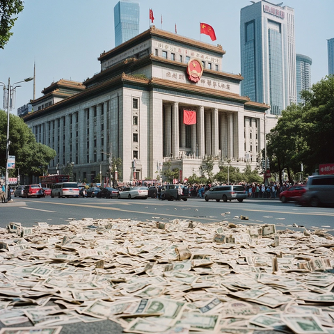 城市街头的钞票堆与宏伟建筑