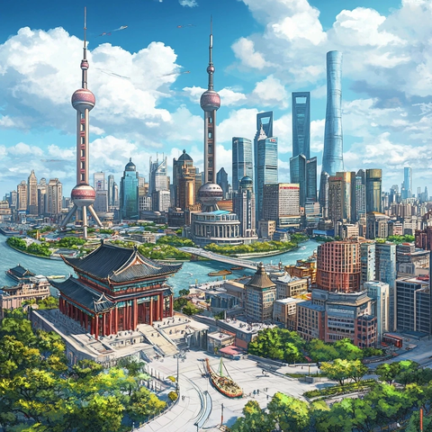 现代化都市风光与传统建筑并存的城市景观