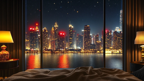 窗前赏城市璀璨夜景