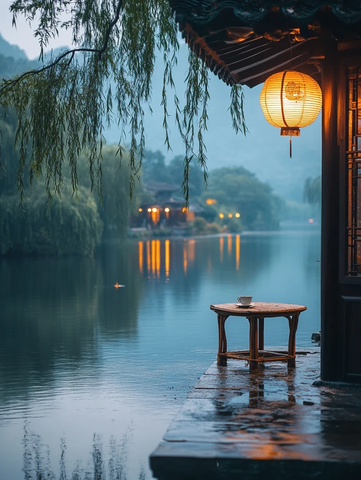 水边古建夜景静谧氛围的江南水乡之景