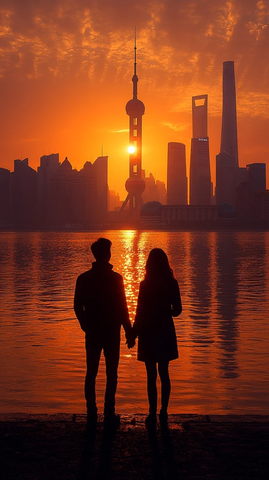 上海外滩牵手男女背影剪影