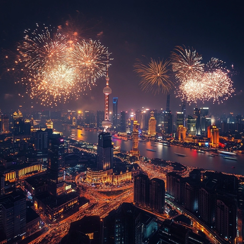 城市夜景烟花秀全景