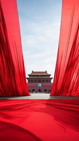 红色绸缎下的天安门景象