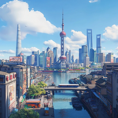 现代化都市天际线下的河流桥梁景象