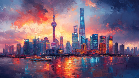 绚丽晚霞下的上海外滩现代化都市景观