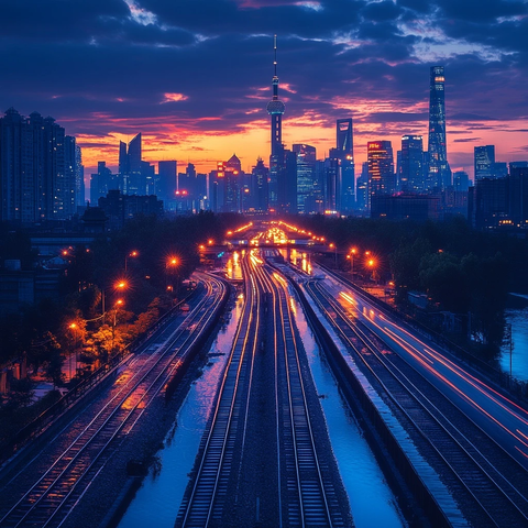 暮色下城市中交错铁轨的夜景
