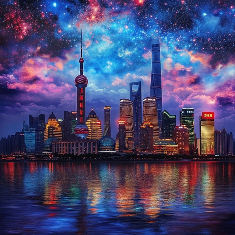 东方明珠下的城市夜景星空倒影交相辉映