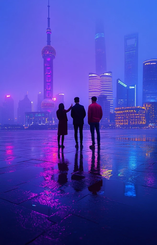 外滩雨夜三人赏陆家嘴璀璨灯火