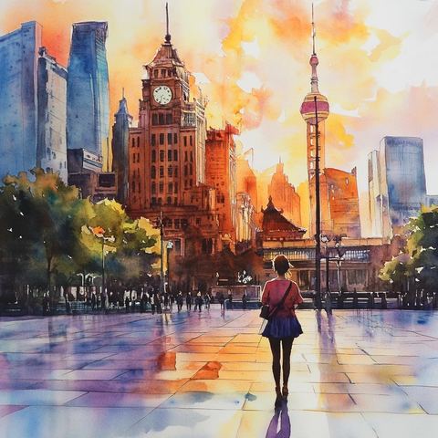 女子漫步于城市地标建筑前的广场