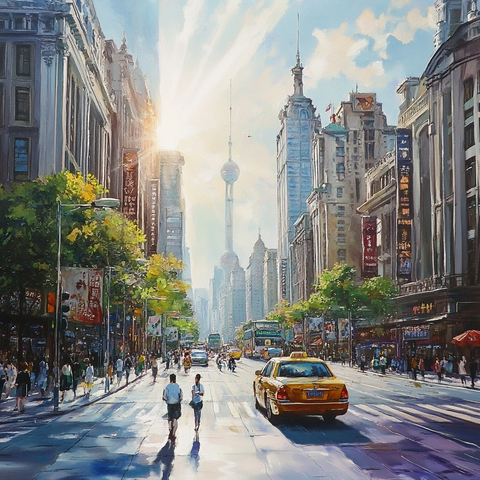 繁华都市街道景象及东方明珠塔的风采