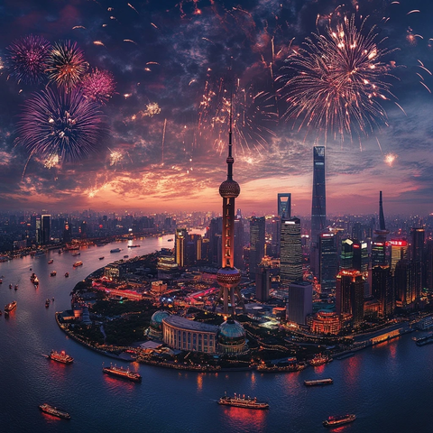 东方明珠夜景与璀璨烟花交相辉映