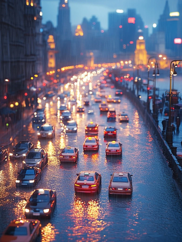 雨夜城市街道车水马龙的繁忙景象